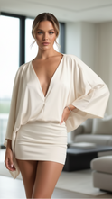 White Esme Draped Mini Dress by Lumina Wear, featuring a stylish, flowing design perfect for casual or semi-formal occasions.