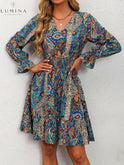 Blue Boho Elegance Dress by Lumina Wear featuring flowing fabric and intricate details, perfect for stylish occasions.