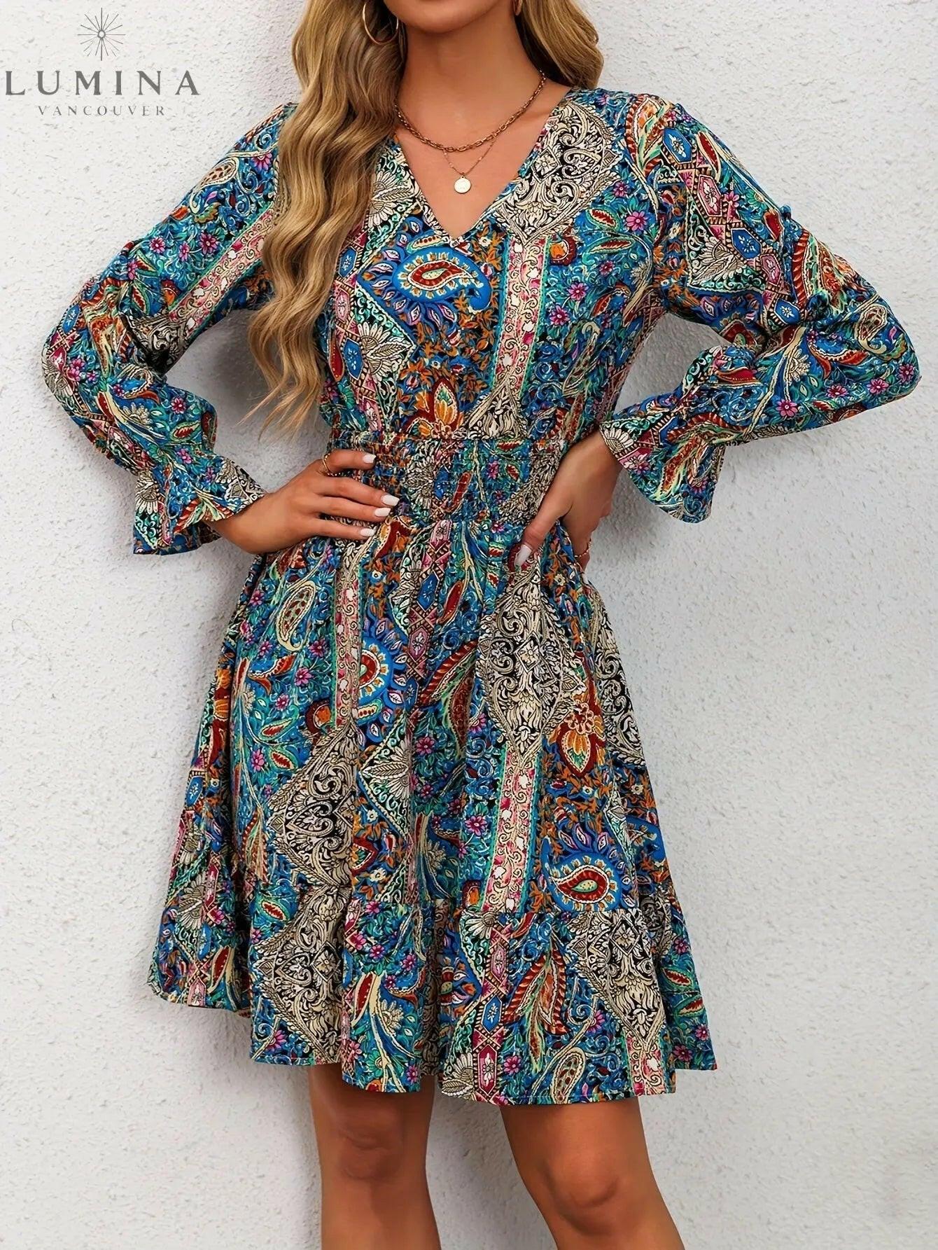 Blue Boho Elegance Dress by Lumina Vancouver, featuring flowy fabric and intricate design details, perfect for stylish occasions.
