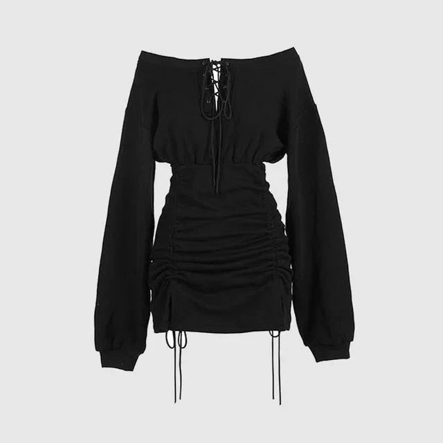 Black Wendeline off-shoulder mini dress by Lumina Vancouver, featuring a fitted silhouette and stylish neckline, shown on a model.