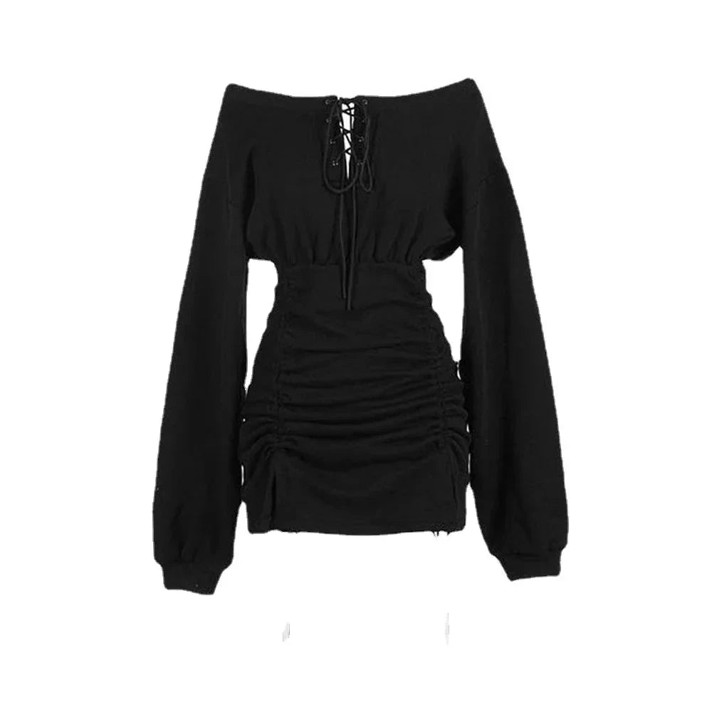 Black Wendeline off-shoulder mini dress by Lumina Wear, fitted style with short sleeves and a stylish neckline.