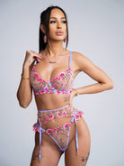 Pink embroidery lingerie set by Lumina Vancouver, 3-piece Fantasy Pink Bloom design with delicate floral details.