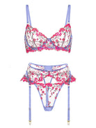 Pink fantasy bloom embroidery lingerie set with matching bra, panties, and garter belt from Lumina Vancouver, 3-piece lingerie set.