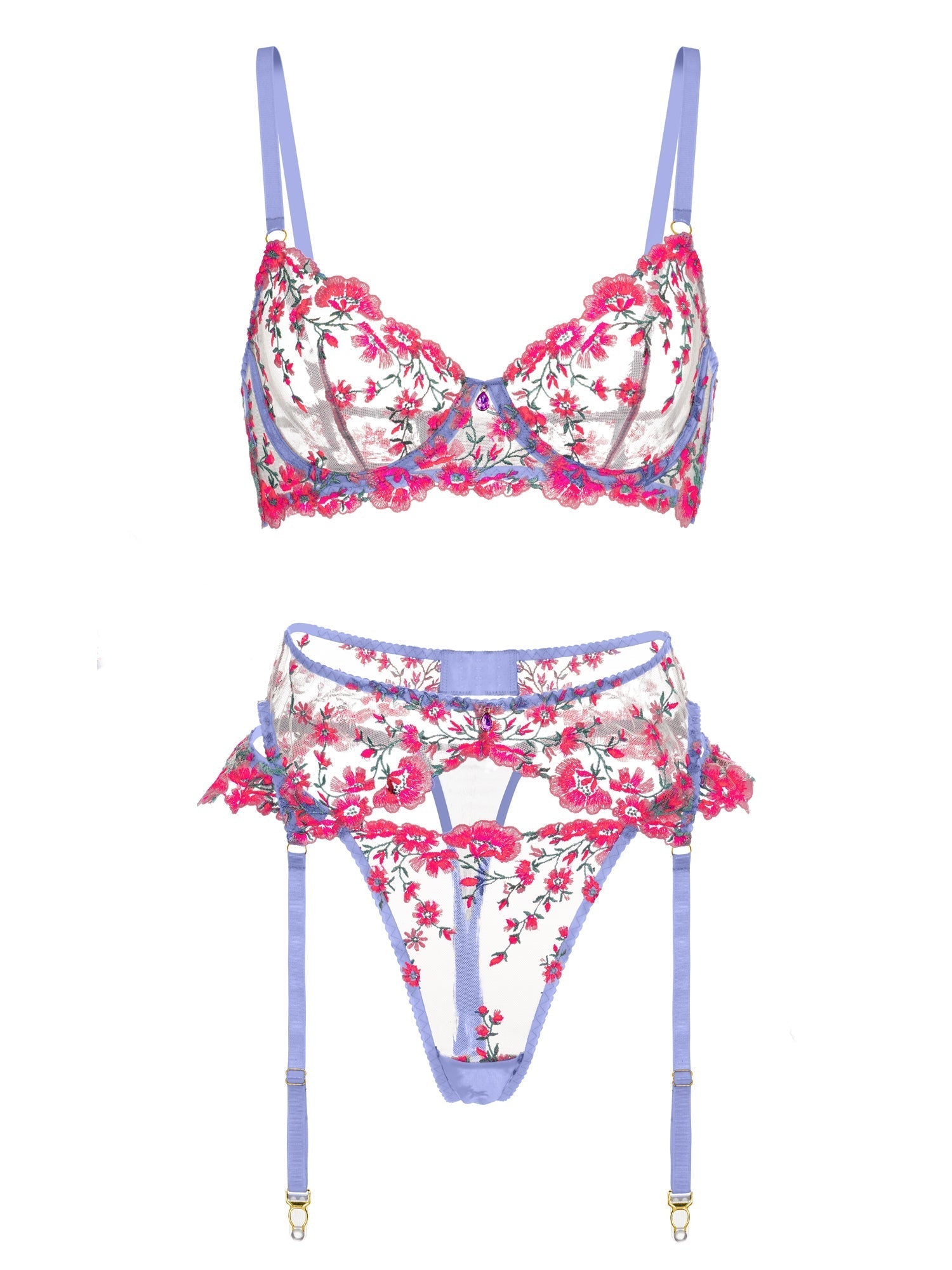 Pink fantasy bloom embroidery lingerie set with matching bra, panties, and garter belt from Lumina Vancouver, 3-piece lingerie set.