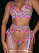 Pink embroidery lingerie set by Lumina Vancouver, 3-piece fantasy pink bloom design with delicate lace details.