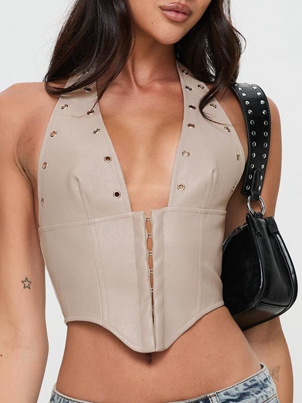 Tan faux leather corset tank top from Lumina Vancouver, featuring a fitted design and stylish detailing.