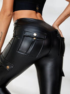 Black faux leather cargo leggings with pockets and scrunch bum detail from Lumina Vancouver, designed for a stylish, comfortable fit.