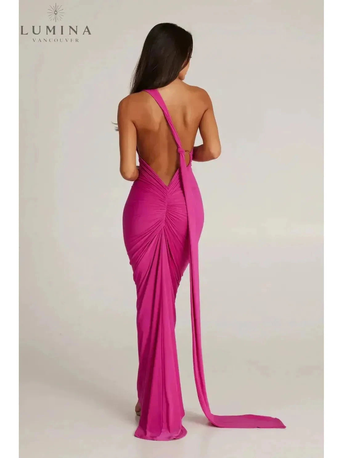 Lumina Vancouver Felina one-shoulder cut-out maxi dress for wedding guests, featuring elegant design and fitted silhouette.