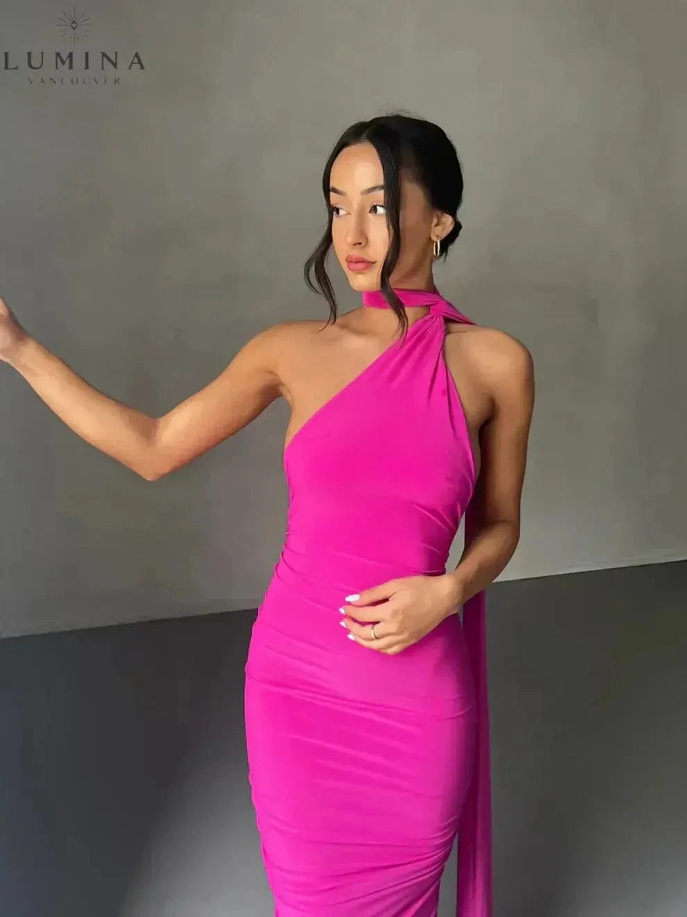 Lumina Vancouver Felina one-shoulder cut-out maxi dress for wedding guests, elegant evening wear with a stylish design.