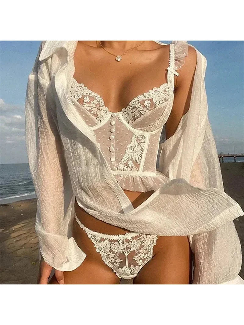 White Lovise Italian lingerie set by Lumina Vancouver featuring delicate lace details and a classic, elegant design.