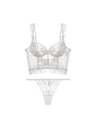 White Lovise Italian lingerie set by Lumina Vancouver featuring delicate lace and soft fabric, displayed on a model.