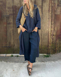 Navy blue Florence relaxed elegance tunic top by Lumina Wear paired with matching pants, stylish and comfortable for casual wear.