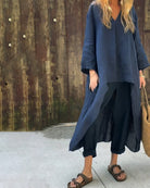 Navy blue Florence tunic and pant set by Lumina Wear, relaxed elegance, soft fabric, stylish and comfortable for casual wear.