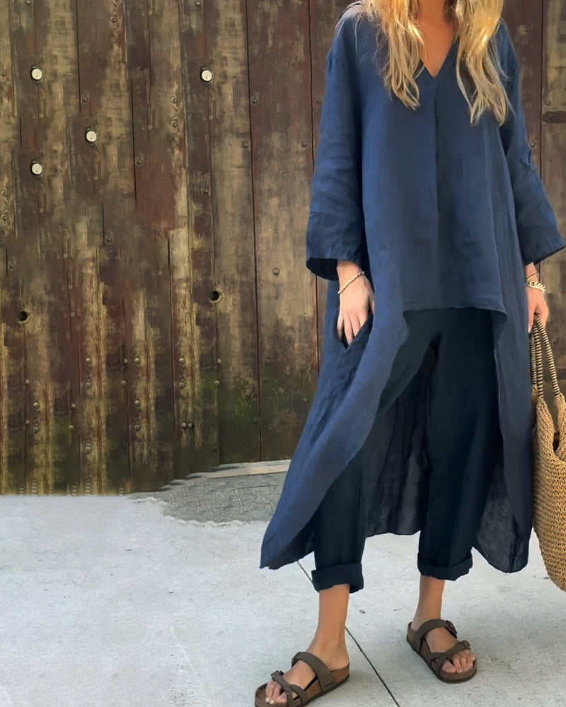 Navy blue Florence tunic and pant set by Lumina Wear, relaxed elegance, soft fabric, stylish and comfortable for casual wear.