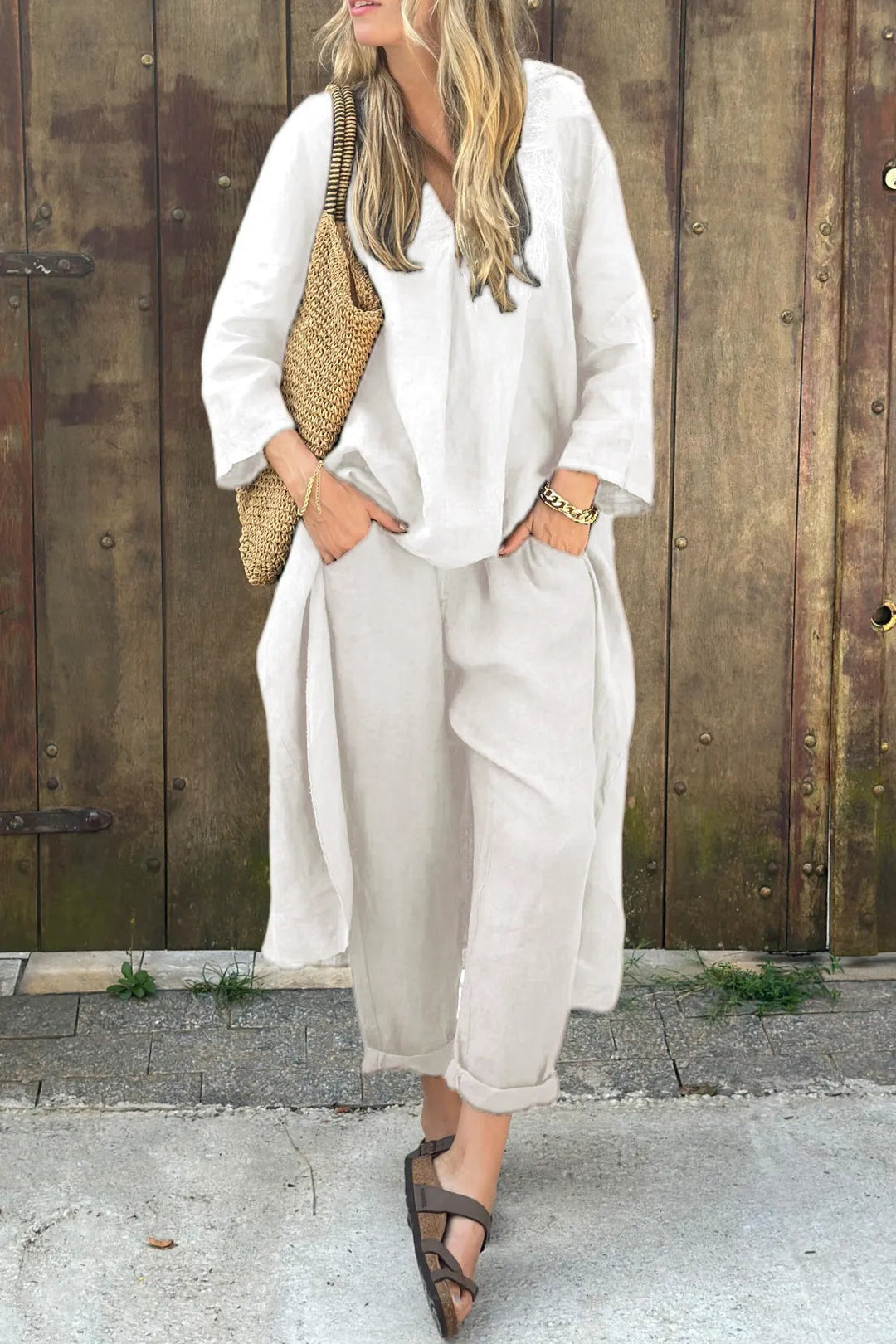 Navy blue Florence relaxed elegance tunic and pant set by Lumina Wear, featuring a comfortable, stylish women's tunic and matching pants.