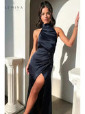 Lumina Wear Florencia halterneck sleeveless slit maxi dress in burgundy, perfect for wedding guests, featuring elegant design details.