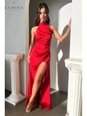 Burgundy Florencia halterneck sleeveless slit maxi dress by Lumina Wear, featuring a flowing design perfect for special occasions.