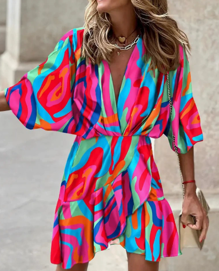 Colorful Francesca™ stylish print dress by Lumina Vancouver, showcasing a vibrant design and elegant fit.