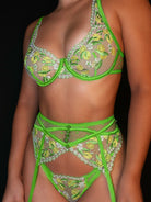 Fresh lemon embroidery lingerie set by Lumina Vancouver, 3-piece green lingerie set with detailed lemon embroidery.