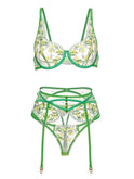 Fresh lemon embroidery lingerie set by Lumina Wear, green color, includes bra and matching panties, soft and delicate fabric.