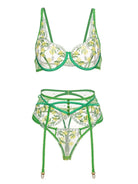 Fresh lemon embroidery lingerie set by Lumina Vancouver, 3-piece green lingerie collection with delicate floral details.