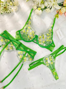 Fresh lemon embroidery lingerie set by Lumina Vancouver, 3-piece green satin and lace bra, panties, and camisole.