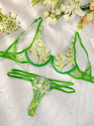Fresh lemon embroidery lingerie set by Lumina Vancouver, 3-piece green lingerie with detailed embroidery and feminine design.