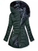Black Freya puffer coat by Lumina Wear with fleece lining and oversized hood, shown on a hanger.