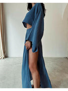 Green Laure Two-Piece Set by Lumina Vancouver featuring a stylish top and matching skirt on a model.