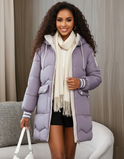 Purple Gemma Lumina Wear sporty contrast-lined hooded long puffer coat with quilted design and fitted silhouette.
