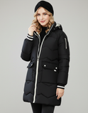 Lumina Wear Gemma sporty contrast-lined hooded long puffer coat in purple, featuring a padded design and hood for winter warmth.