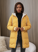 Lumina Wear Gemma sporty contrast-lined hooded long puffer coat in purple, featuring a hood and quilted design for cold weather.