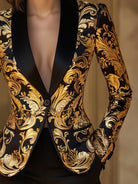 Genevieve black gold baroque satin tuxedo blazer by Lumina Wear, stylish tailored blazer with intricate gold accents.