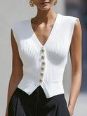 Genevieve Lumina Knit Button Vest Top with Peplum Hem, white, XS, styled as a cardigan, showcasing a fitted sleeveless design.