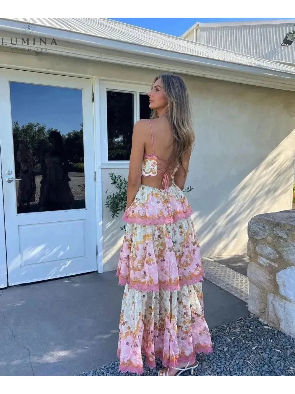 Lumina Vancouver Ghita maxi summer dress, elegant wedding guest gown with flowing fabric and floral design.