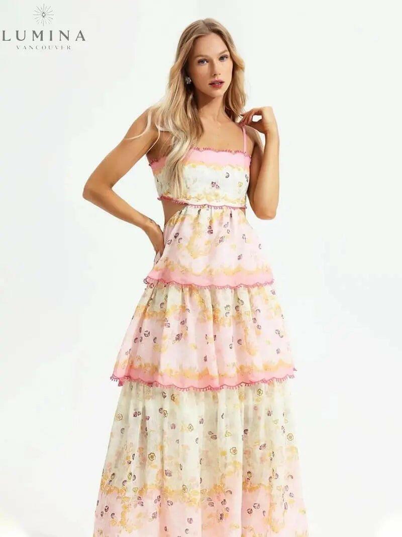 Lumina Vancouver Ghita Maxi Summer Dress, elegant wedding guest dress with flowing fabric and floral pattern.