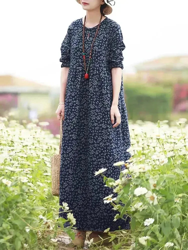 Blue vintage floral printed dress named Giorgia by Lumina Vancouver, featuring a classic feminine design.