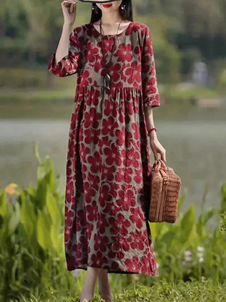 Giorgia vintage floral printed dress by Lumina Vancouver, blue dress with floral pattern, stylish and elegant for women.