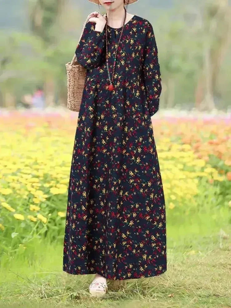 Blue vintage floral printed dress by Lumina Vancouver, Giorgia style, featuring a classic, elegant design with vibrant flower patterns.