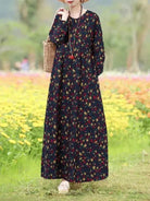 Blue vintage floral printed dress by Lumina Vancouver, Giorgia style, featuring a classic, elegant design with vibrant flower patterns.