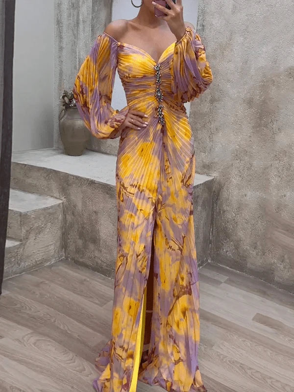 Yellow Gisselle elegant V-neck dress by Lumina Vancouver, perfect for wedding guests, shown on a model.