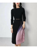 Lumina Wear Giulia gradient pleated splicing belted knit dress in black, featuring a stylish pleated design and waist belt.
