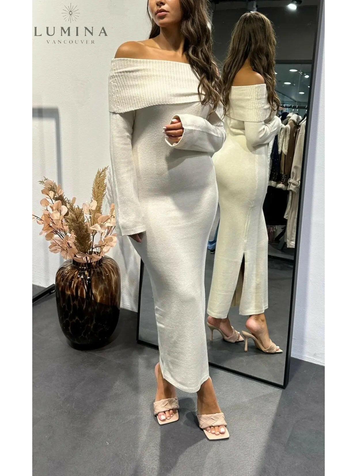 Beige Giuliana over-fold knitted maxi dress by Lumina Wear, featuring a stylish, cozy design perfect for autumn.