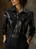 Glossy black crocodile embossed blouse by Lumina Wear, featuring a sleek, shiny texture and tailored fit.
