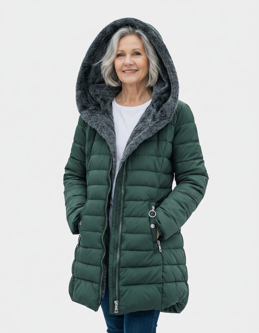 Dark green Lumina Wear fleece-lined puffer jacket featuring a flattering fit and stylish design, perfect for cold weather.