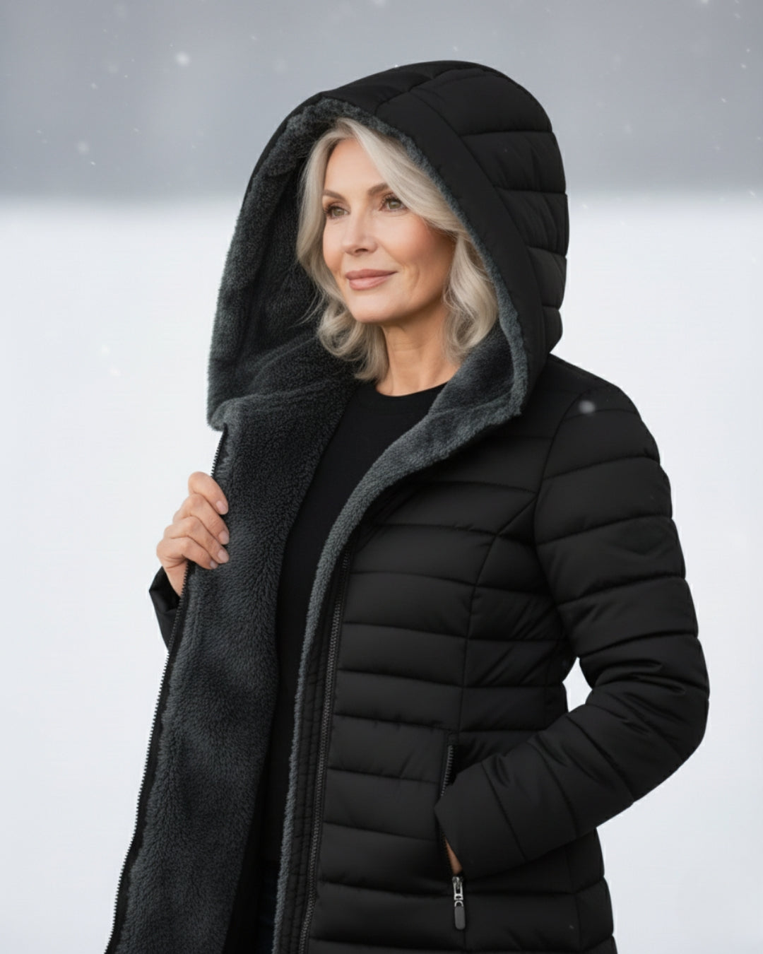 Dark green Lumina Wear Grace fleece-lined puffer jacket with a flattering fit, showcasing its stylish quilted design and cozy interior.