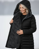 Dark green Lumina Wear Grace fleece-lined puffer jacket with a flattering fit, shown on a model highlighting its stylish design.