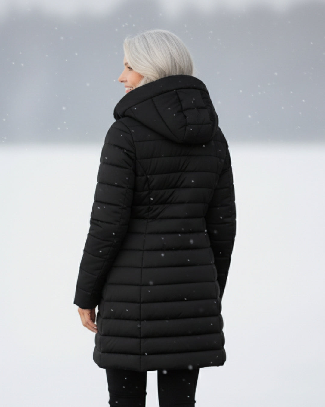 Dark green Lumina Wear Grace fleece-lined puffer jacket with a flattering fit, shown on a model in a full front view.