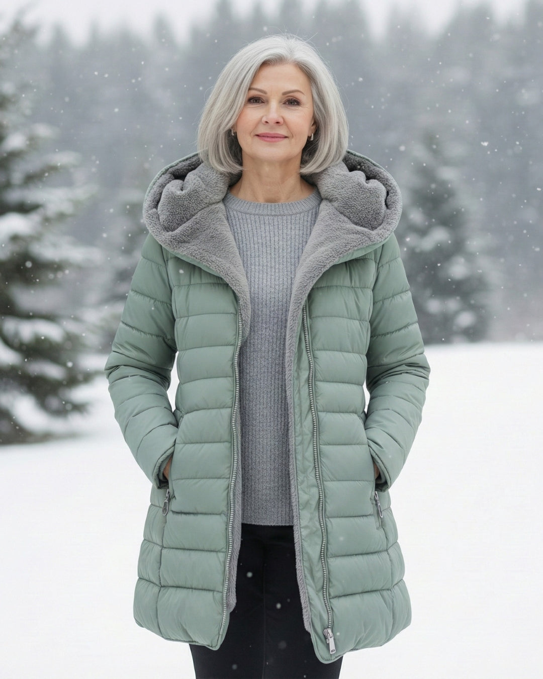 Dark green Lumina Wear Grace fleece-lined puffer jacket with a flattering fit, showcasing its stylish and cozy winter design.