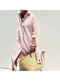 Pink striped shirt dress by Lumina Wear, featuring a stylish and elegant design, perfect for casual or dressy occasions.
